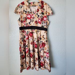 Heart And Roses Vixen Swing Fifthies Chic Floral Midi Dress with Cap Sleeves